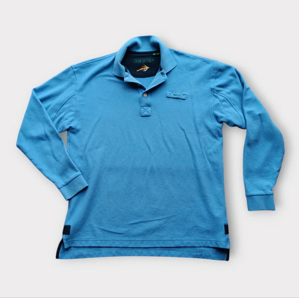 ORVIS MEN'S SIZE MEDIUM BLUE LONG SLEEVE COLLAR 1/4 BUTTON SHIRT. - Picture 1 of 6